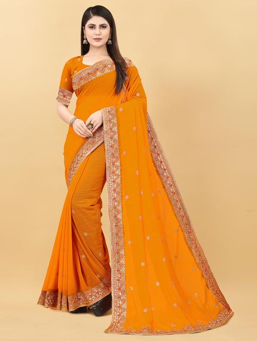 solid embroidered woven saree with blouse - 19690480 - Very Small Image - 1