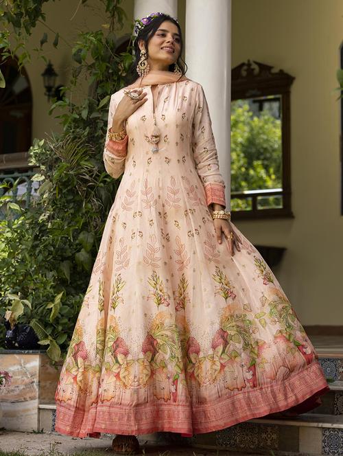 peach floral printed flared anarkali kurta with dupatta set - 19691357 - Very Small Image - 1
