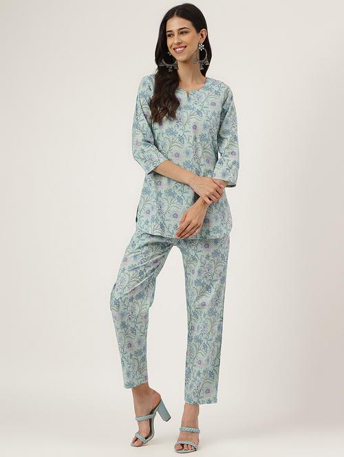 Floral Print Notch Neck Pyjama Set - 19691376 - Very Small Image - 1