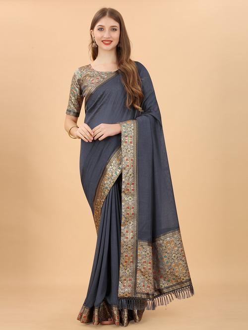 women's bordered royal blue colored saree with blouse - 19693374 - Very Small Image - 1