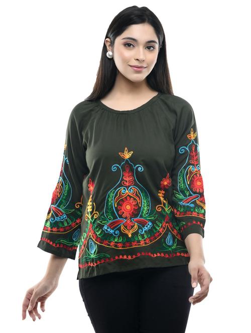 women olive regulal fit round neck top - 19695320 - Very Small Image - 1