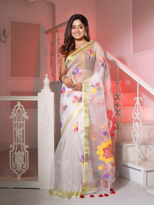 women's self design white colored saree with blouse - 19696054 - Very Small Image - 1