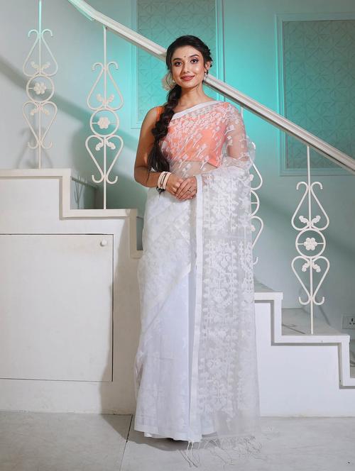 women's self design white colored saree - 19696058 - Very Small Image - 1