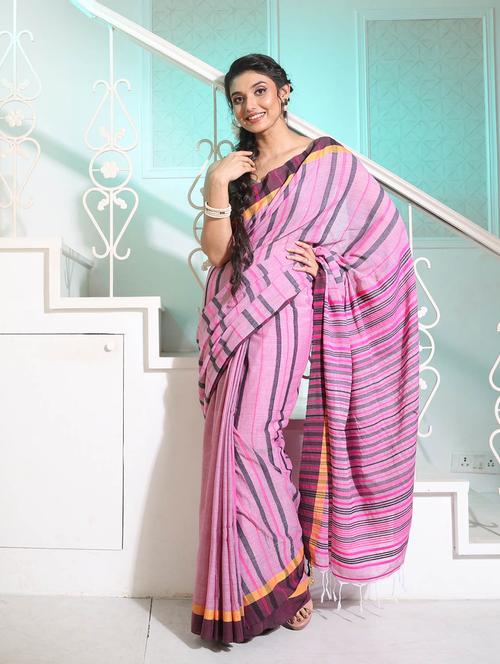women's stripes purple colored saree with blouse - 19696083 - Very Small Image - 1