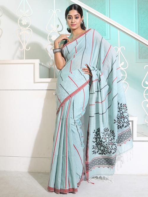 women's stripes blue colored saree with blouse - 19696101 - Very Small Image - 1