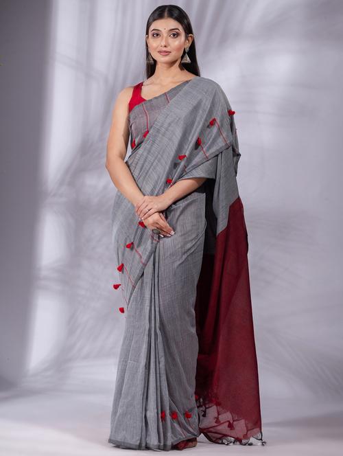 grey cotton saree with blouse - 19697599 - Very Small Image - 1