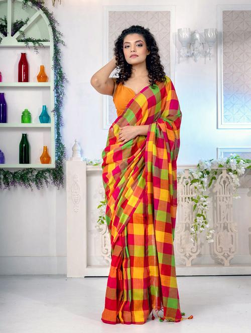 women's checks multi colored saree with blouse - 19697784 - Very Small Image - 1