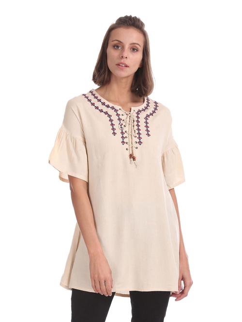 women notch neck embroidered a-line kurta  - 19701028 - Very Small Image - 1