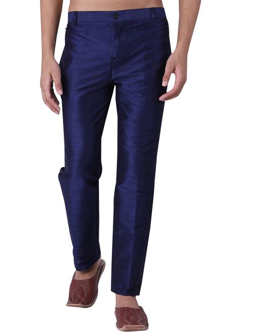 dark blue silk flat front casual trousers - 19702994 - Very Small Image - 1