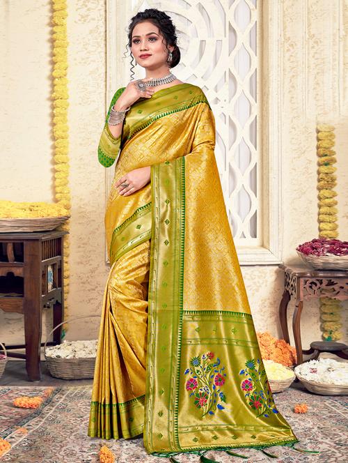 yellow silk kanjivaram saree - 19708739 - Very Small Image - 1