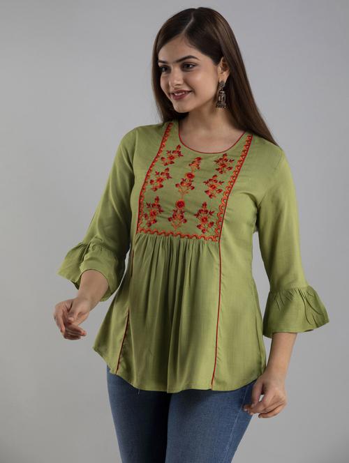 green embroidered bell sleeves regular tunic  - 19709142 - Very Small Image - 1