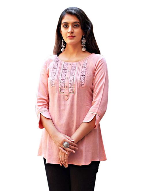 pink embroidered round neck regular tunic - 19709145 - Very Small Image - 1