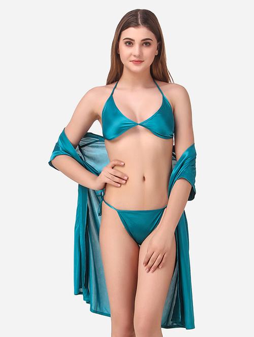 blue solid front tie nightwear set - 19711386 - Very Small Image - 1