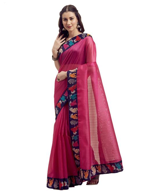 contrast bordered plain saree  with blouse - 19727996 - Very Small Image - 1