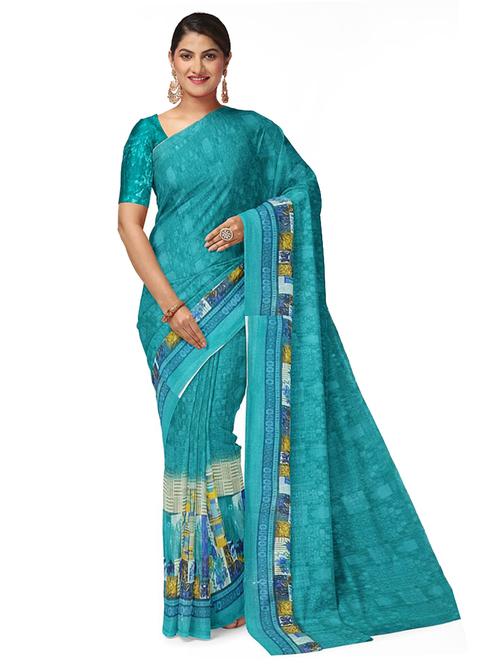 women's printed turquoise colored saree with blouse - 19728642 - Very Small Image - 1