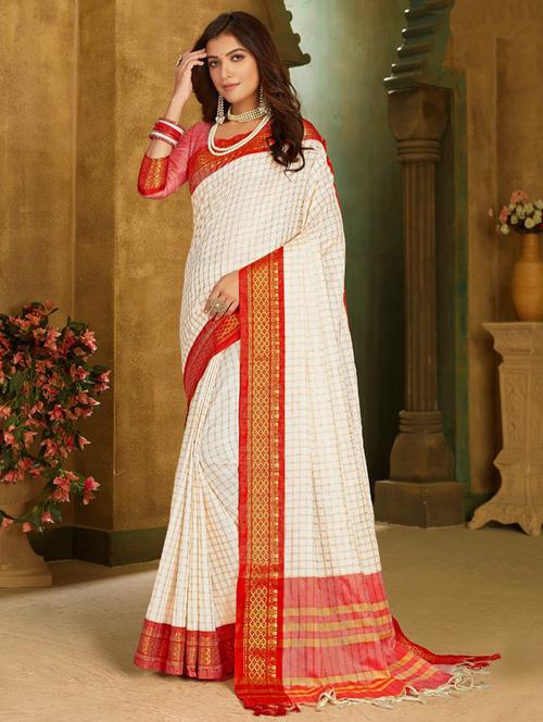 woven check print contrast bordered saree  with blouse - 19733828 - Very Small Image - 1