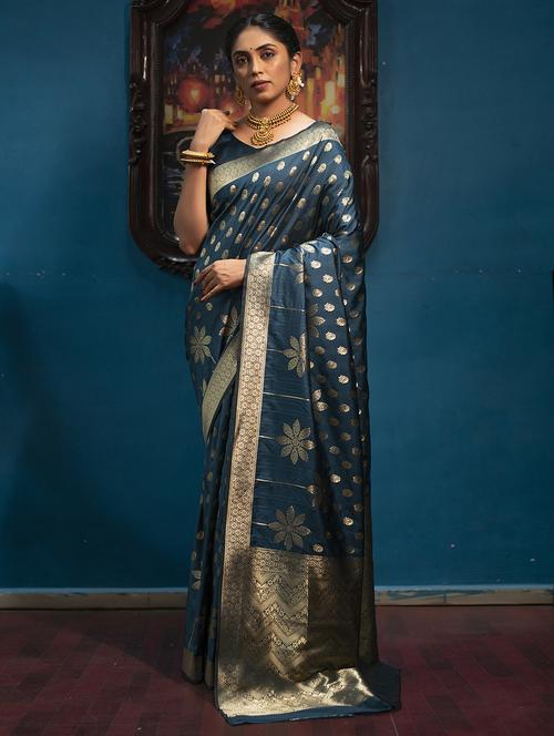 blue silk blend saree with blouse - 19735880 - Very Small Image - 1