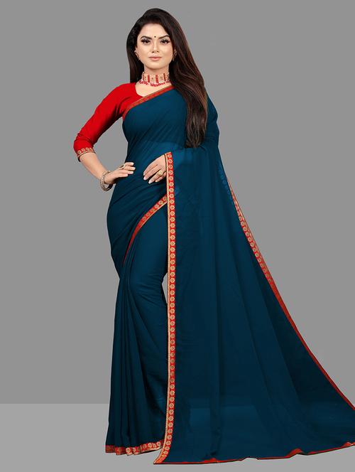 solid lace bordered saree with blouse - 19736817 - Very Small Image - 1