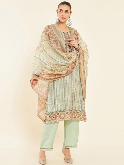 striped cotton unstitched suit set - 19738428 - Very Small Image - 1