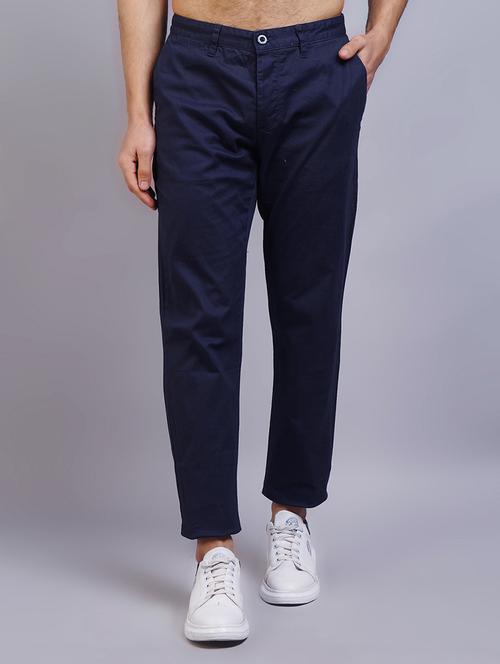 navy blue solid flat front casual trouser - 19745826 - Very Small Image - 1