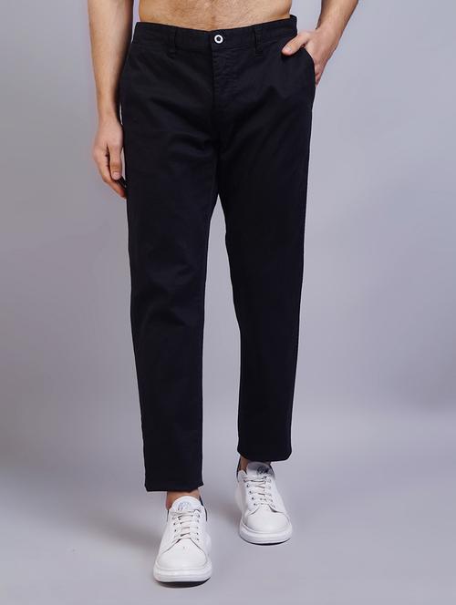 dark blue solid flat front casual trouser - 19745827 - Very Small Image - 1