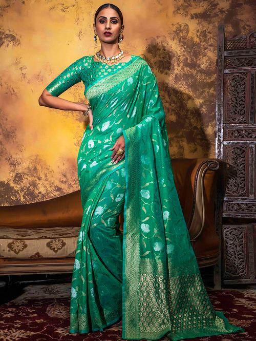 women's floral green colored saree with blouse - 19755101 - Very Small Image - 1
