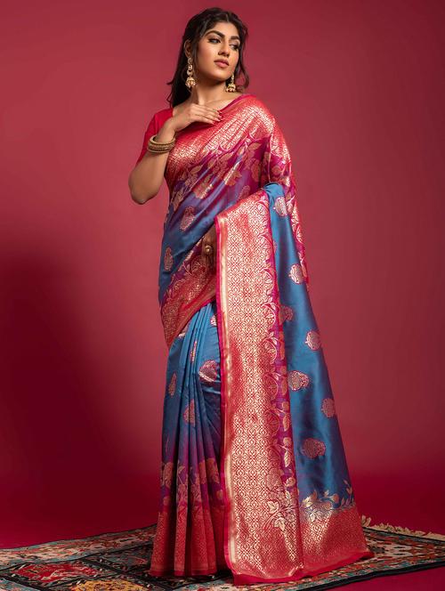 women's self design blue colored saree with blouse - 19755128 - Very Small Image - 1