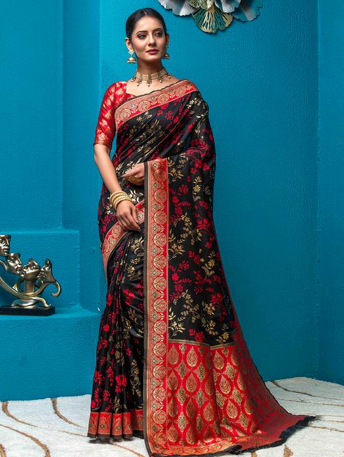 women's floral black colored saree with blouse - 19755143 - Very Small Image - 1