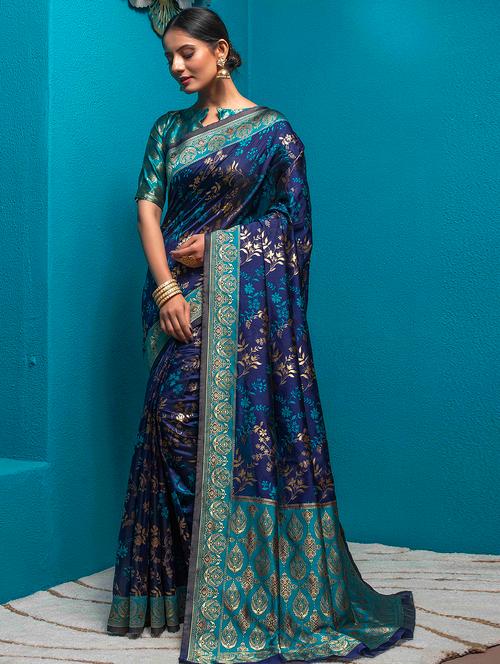 floral print woven contrast border saree with blouse - 19755146 - Very Small Image - 1