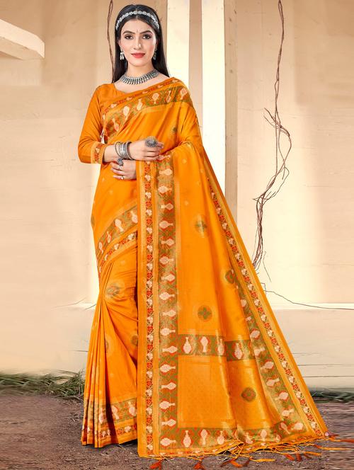 women's self design mustard colored saree with blouse - 19757169 - Very Small Image - 1