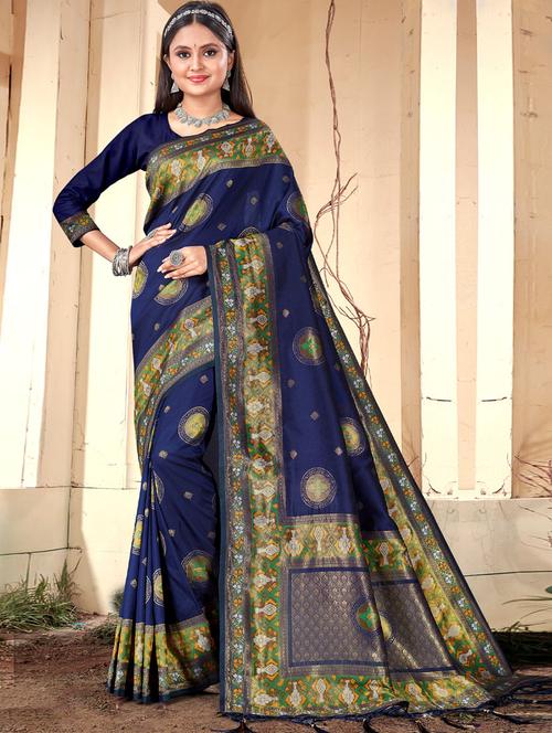 women's self design navy blue colored saree with blouse - 19757170 - Very Small Image - 1