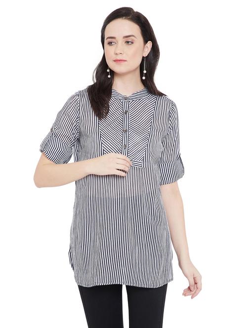 striped mandarin neck a-line tunic with side slit - 19765861 - Very Small Image - 1