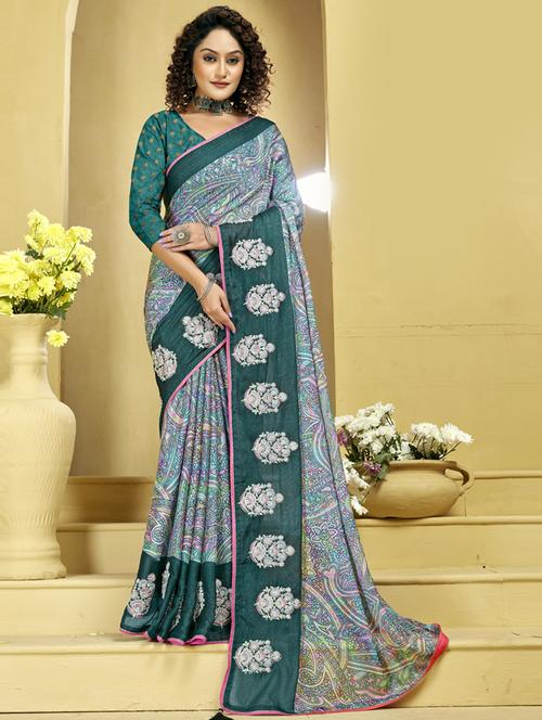 green printed saree with blouse - 19771454 - Very Small Image - 1