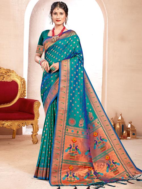 women's self design turquoise colored saree with blouse - 19774705 - Very Small Image - 1