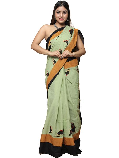 women's block print green colored saree with blouse - 19796781 - Very Small Image - 1