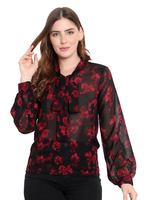 women's straight tie-up neck top - 19811302 - Very Small Image - 1