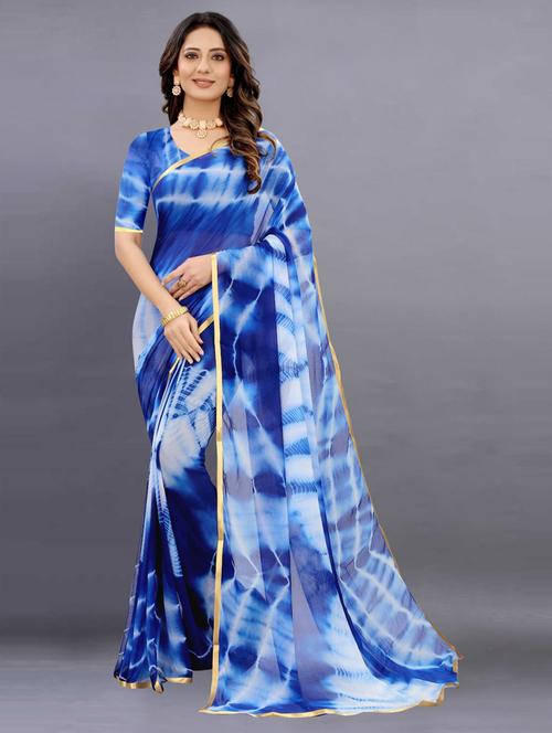 women's tie & dye navy blue colored saree with blouse - 19812698 - Very Small Image - 1