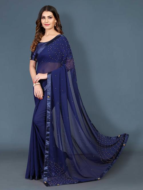 women's bordered navy blue colored saree with blouse - 19812842 - Very Small Image - 1