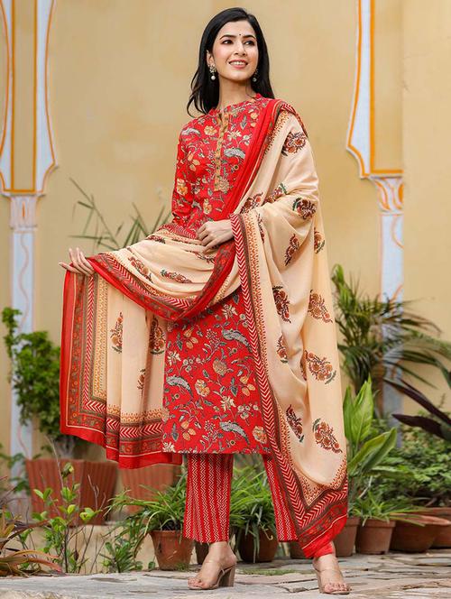 red printed kurta palazzo set with dupatta - 19816866 - Very Small Image - 1