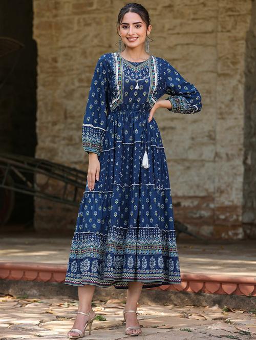 blue printed fit & flare ethnic dress - 19818909 - Very Small Image - 1