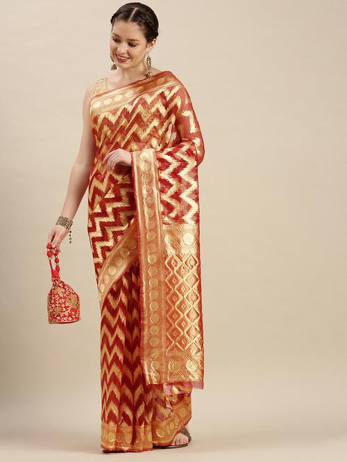 red chevron woven saree - 19825606 - Very Small Image - 1