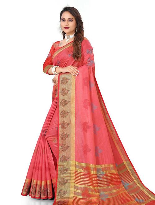 pink self design woven saree with blouse - 19825621 - Very Small Image - 1