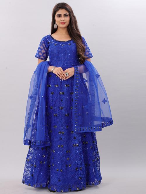 blue embroidered fit & flare gown - 19826047 - Very Small Image - 1