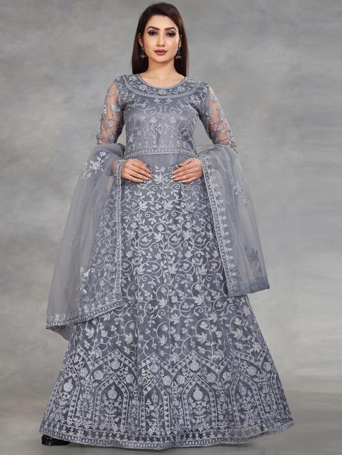grey embroidered fit & flare gown - 19826067 - Very Small Image - 1