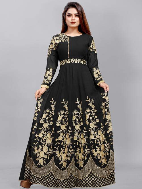 black embroidered fit & flare gown - 19826090 - Very Small Image - 1