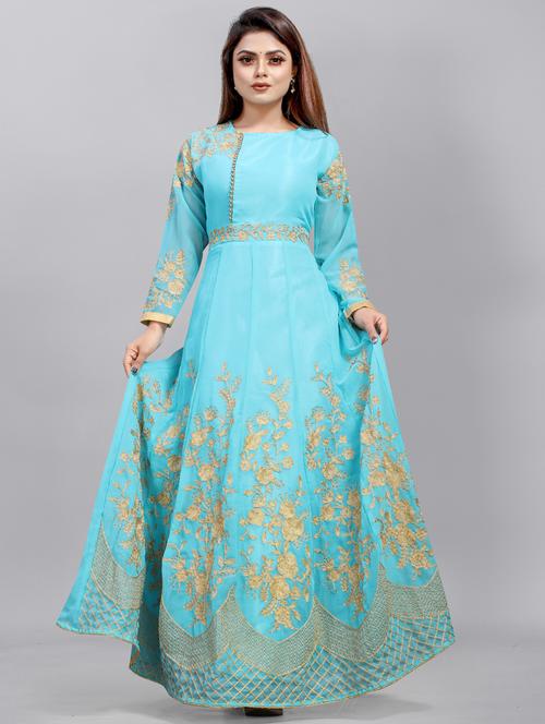 turqouise embroidered fit & flare gown - 19826092 - Very Small Image - 1