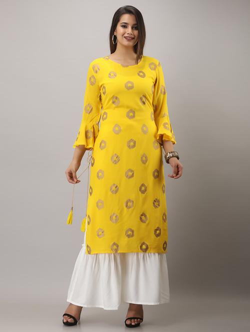 yellow printed three quarter sleeve kurta sharara set - 19847346 - Very Small Image - 1