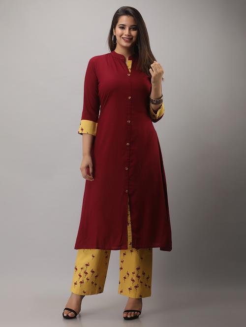 maroon solid three quarter sleeve kurta palazzo set - 19847370 - Very Small Image - 1