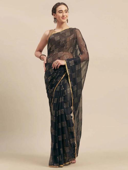 women's printed black colored saree with blouse - 19854059 - Very Small Image - 1
