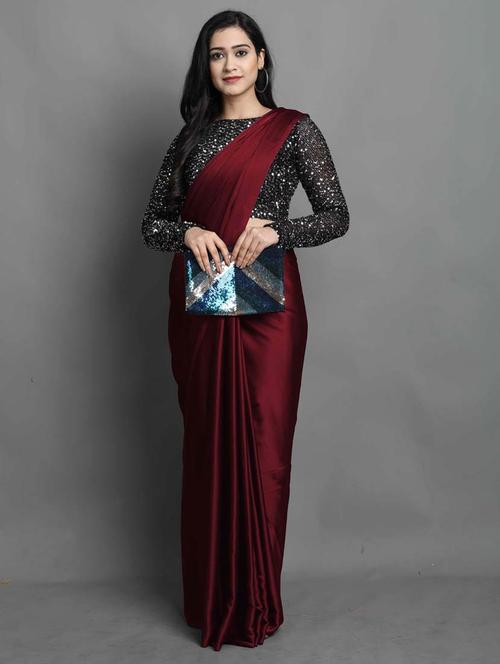 women's solid maroon colored saree with blouse - 19854333 - Very Small Image - 1